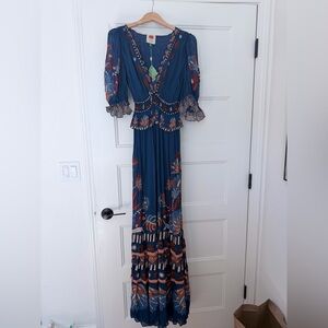 Farm Rio Blue Nature Beauty Short Sleeve Maxi Dress NWT